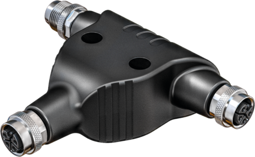 T-Coupler M12 Power male L-cod. / 2x female L-cod.