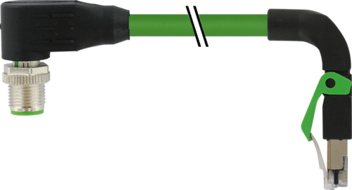 M12 male 90° D-cod. / RJ45 90° down shielded