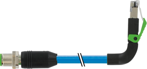 M12 male 0° D-cod. / RJ45 90° up shielded