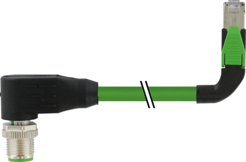 M12 male 90° D-cod. / RJ45 90° left shielded